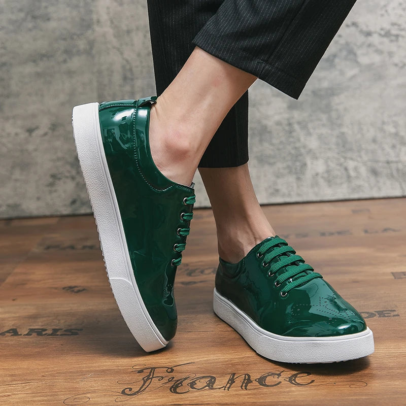 Spring Autumn Leather Shoes High Quality Patent Leather Casual Shoes Lace Up Sneakers Green Fashion Sole Designer Leather Shoes