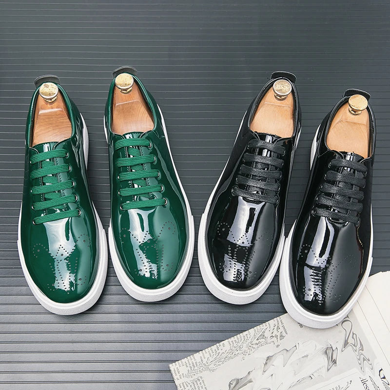 Spring Autumn Leather Shoes High Quality Patent Leather Casual Shoes Lace Up Sneakers Green Fashion Sole Designer Leather Shoes